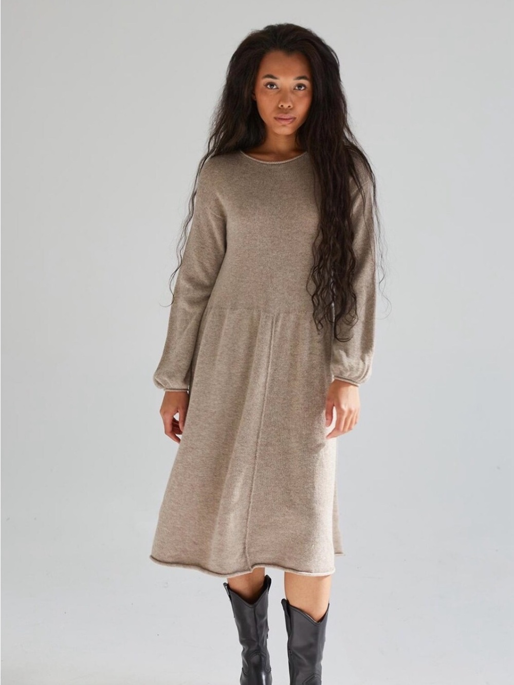 Jolie Neutral Beige Midi Dress with Long Sleeves